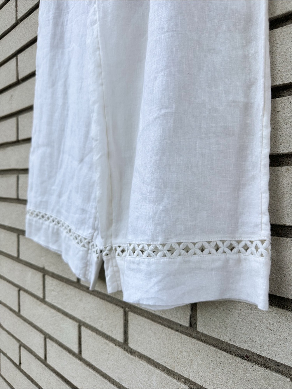 Joie S Ivory White Linen Wide Leg Pull On Pants Embroidered Crochet Trim - Picture 4 of 8